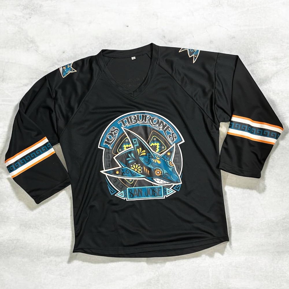 San Jose Sharks Los Tiburones Black Jersey Adult M Latino Floral Style
